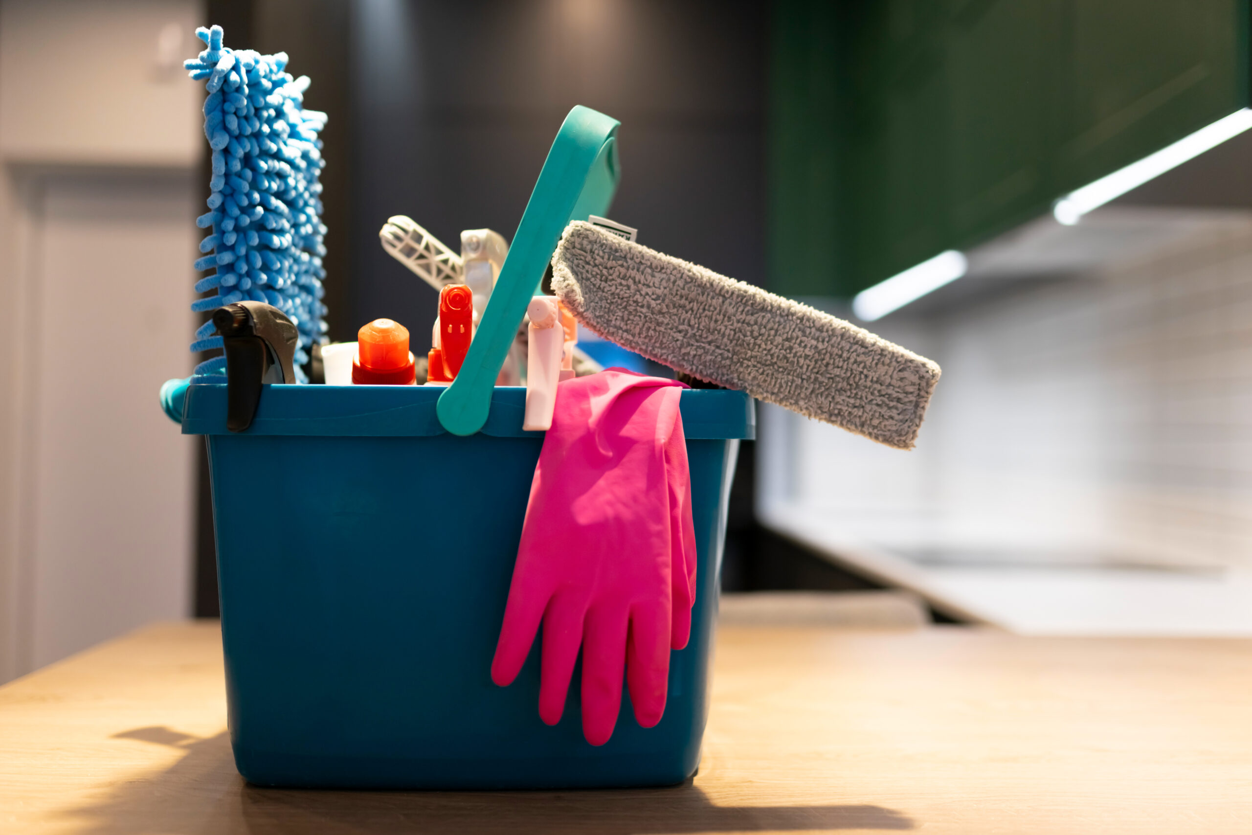 Professional cleaning bucket with accessories. Bucket full of cleaning products